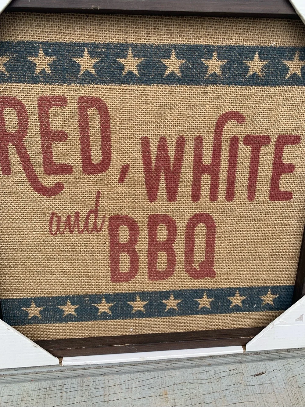 Red White and BBQ Wood Framed Sign Rustic Burlap Patriotic Americana Wall Art